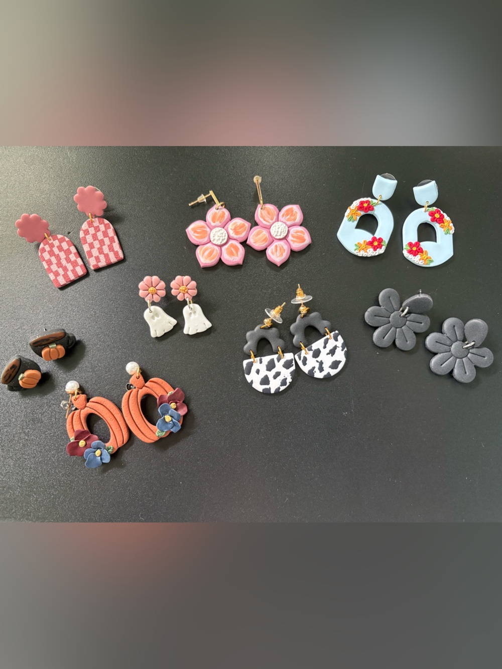 Handmade Polymer Clay Earring Set of 6, Floral, and Fall
